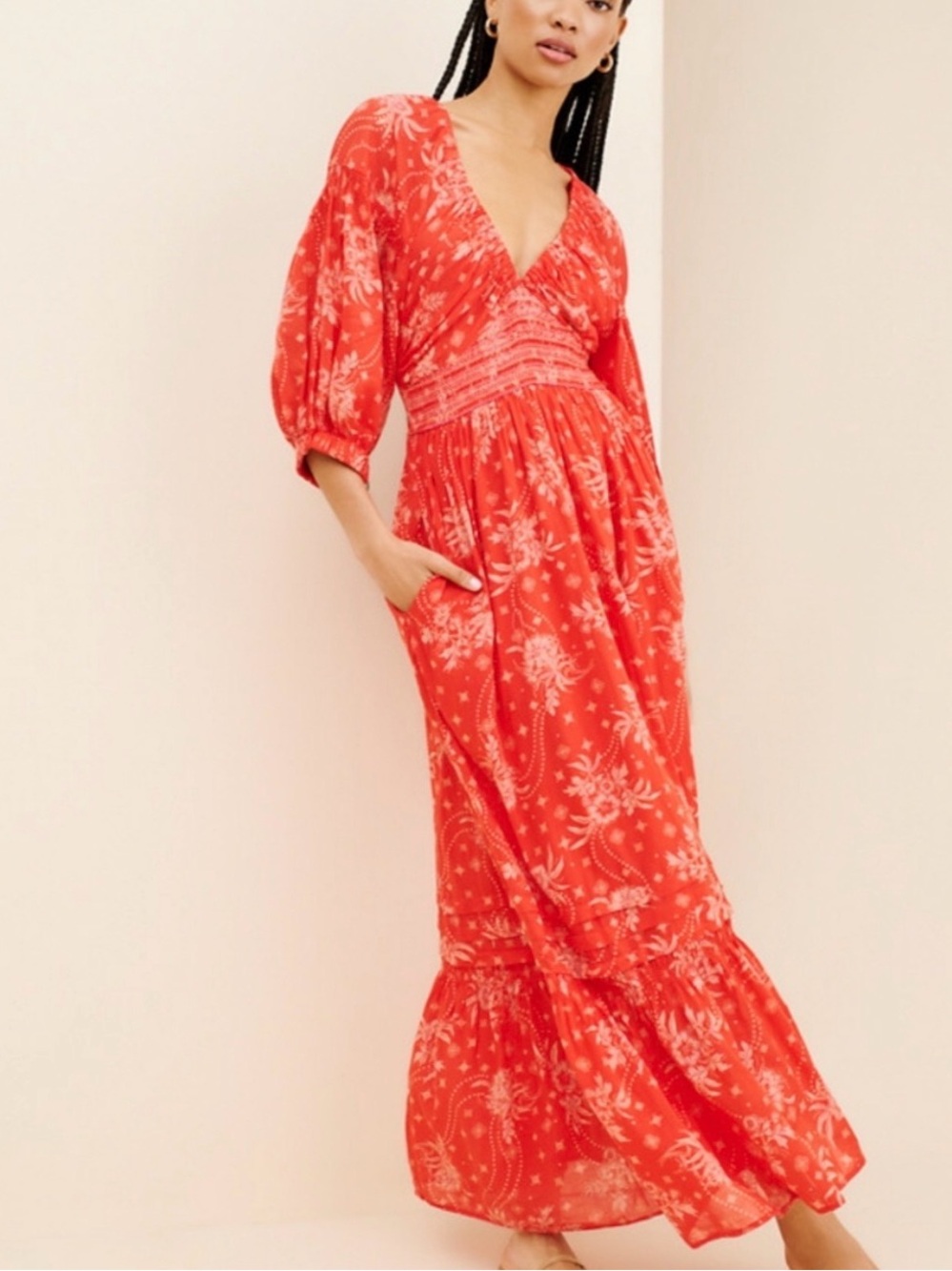 Free People Coral Red Floral V-Neck Maxi Dress